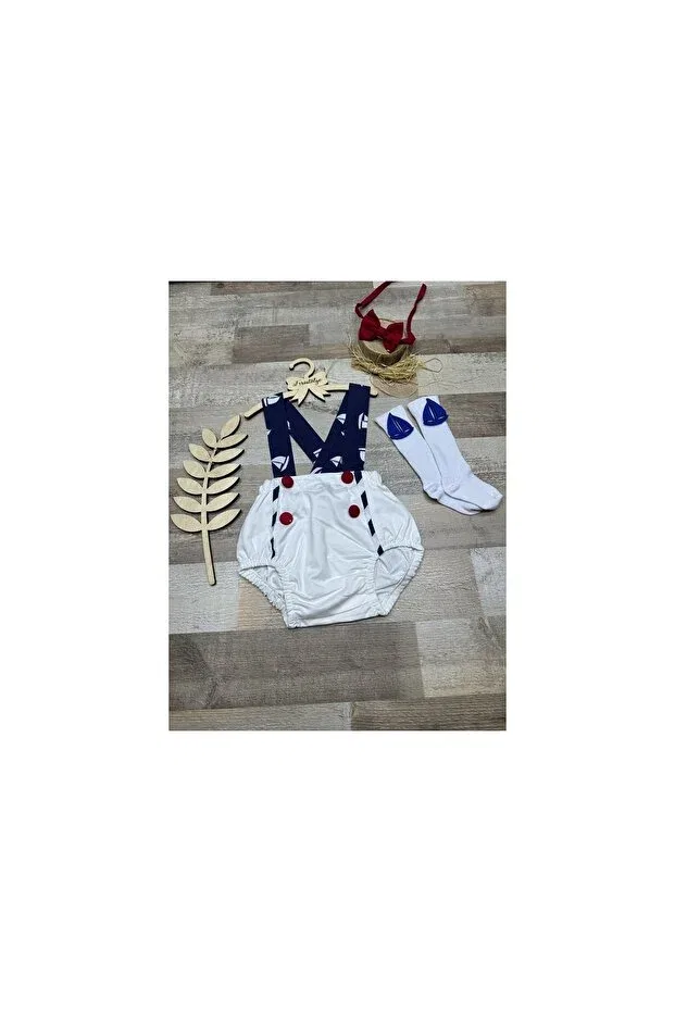 Детский комбинезон для мальчиков хлопковый Sailor concept ship figure baby boy salopette Feriatolye, White — фото 3