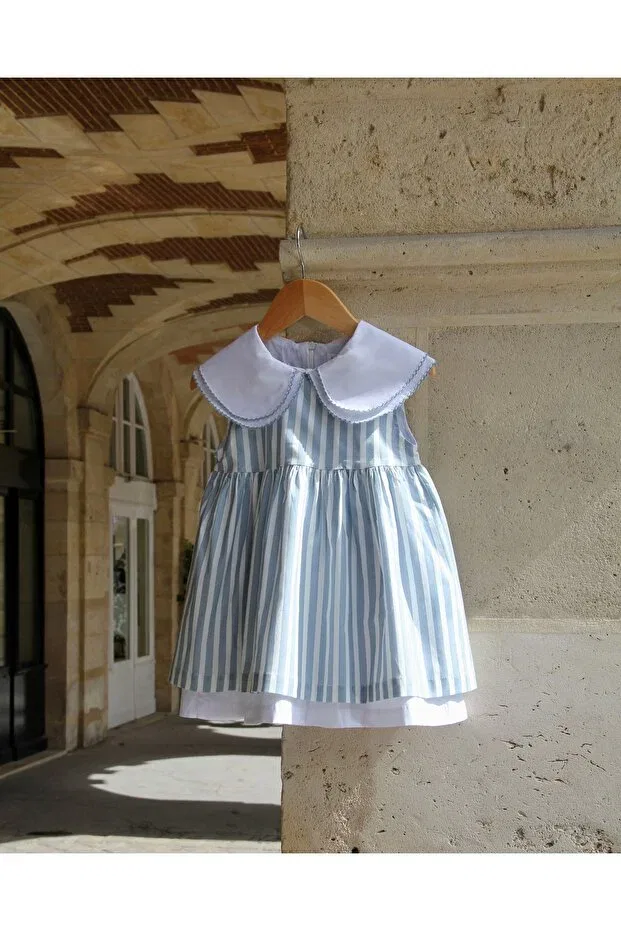 Детское платье для девочек с принтом Léonie blue striped double layer collar dress Perlounie, Blue White