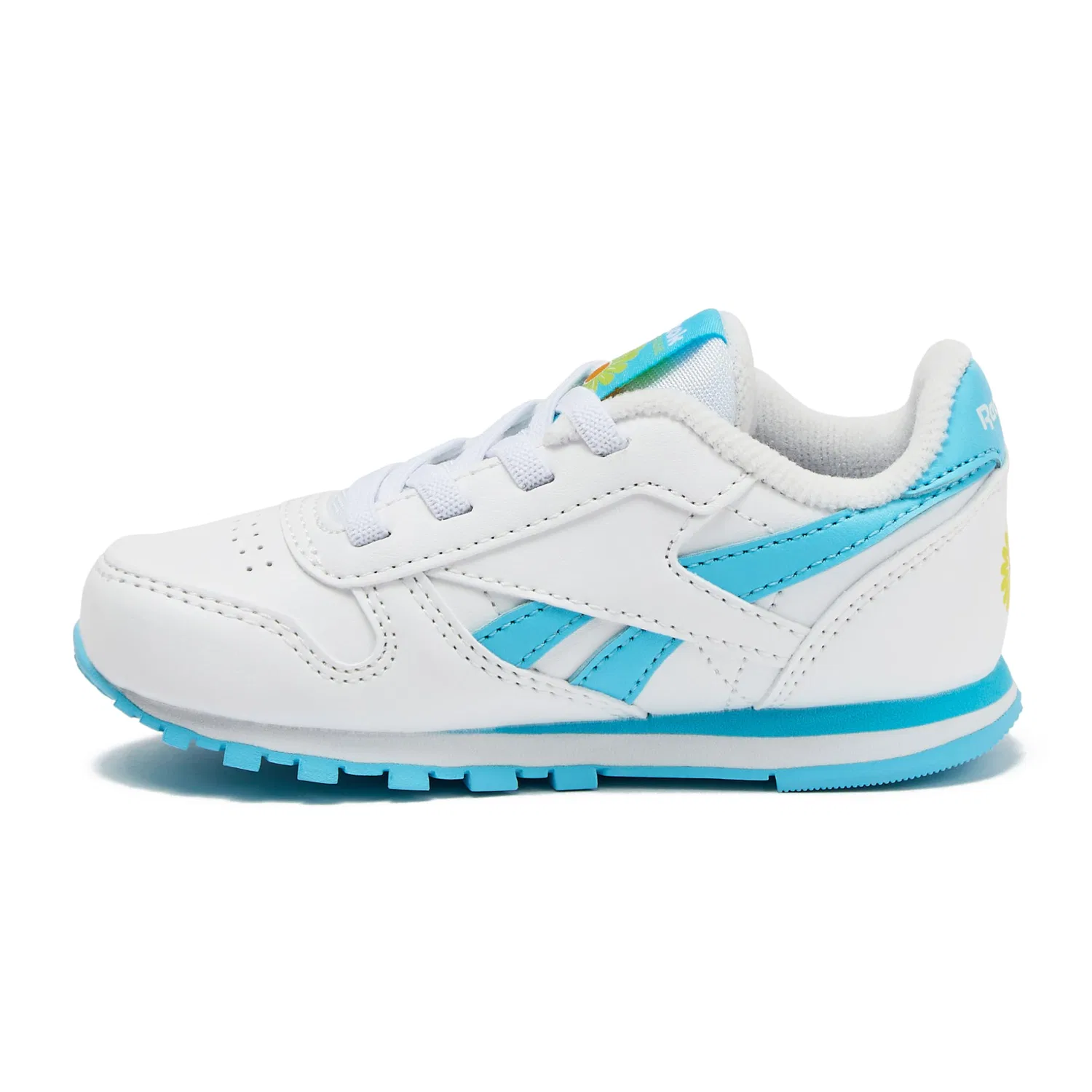Детские кроссовки для девочек и мальчиков с кожаным верхом Classic Leather Reebok, Child White Blue Digital Yellow Electric — фото 3
