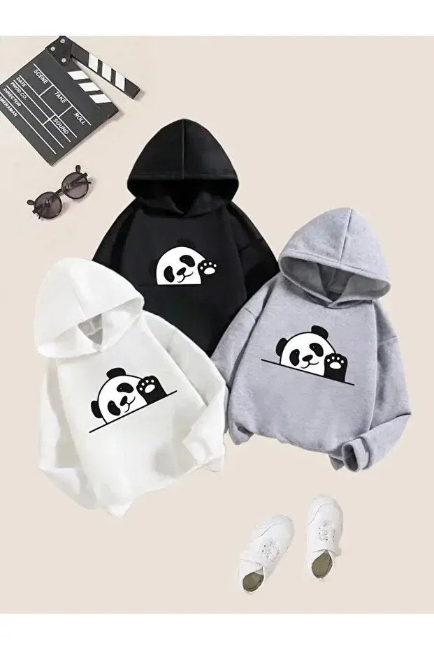 Детские свитшоты с капюшоном с принтом 3-шт комплект Morning Kids, Black-White-Gray
