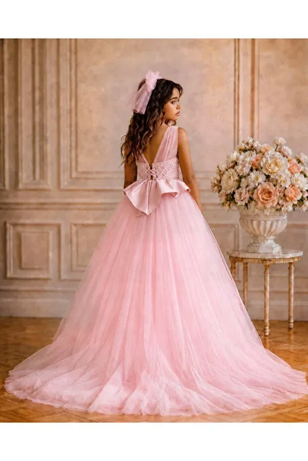 Детское платье для девочек с принтом Girl's pearl tulle evening dress By Feyza Kids Collection, Pink — фото 4