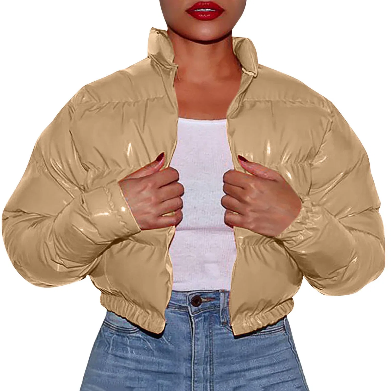 Женская зимняя куртка с капюшоном и принтом, Women Winter Jackets Fashion Warm Shiny Short Jacket Padded Cotton Women Short Down Jacket Lightweight Quilted Shiny Zipper Stand Collar Coats for Women with Pockets, cachi