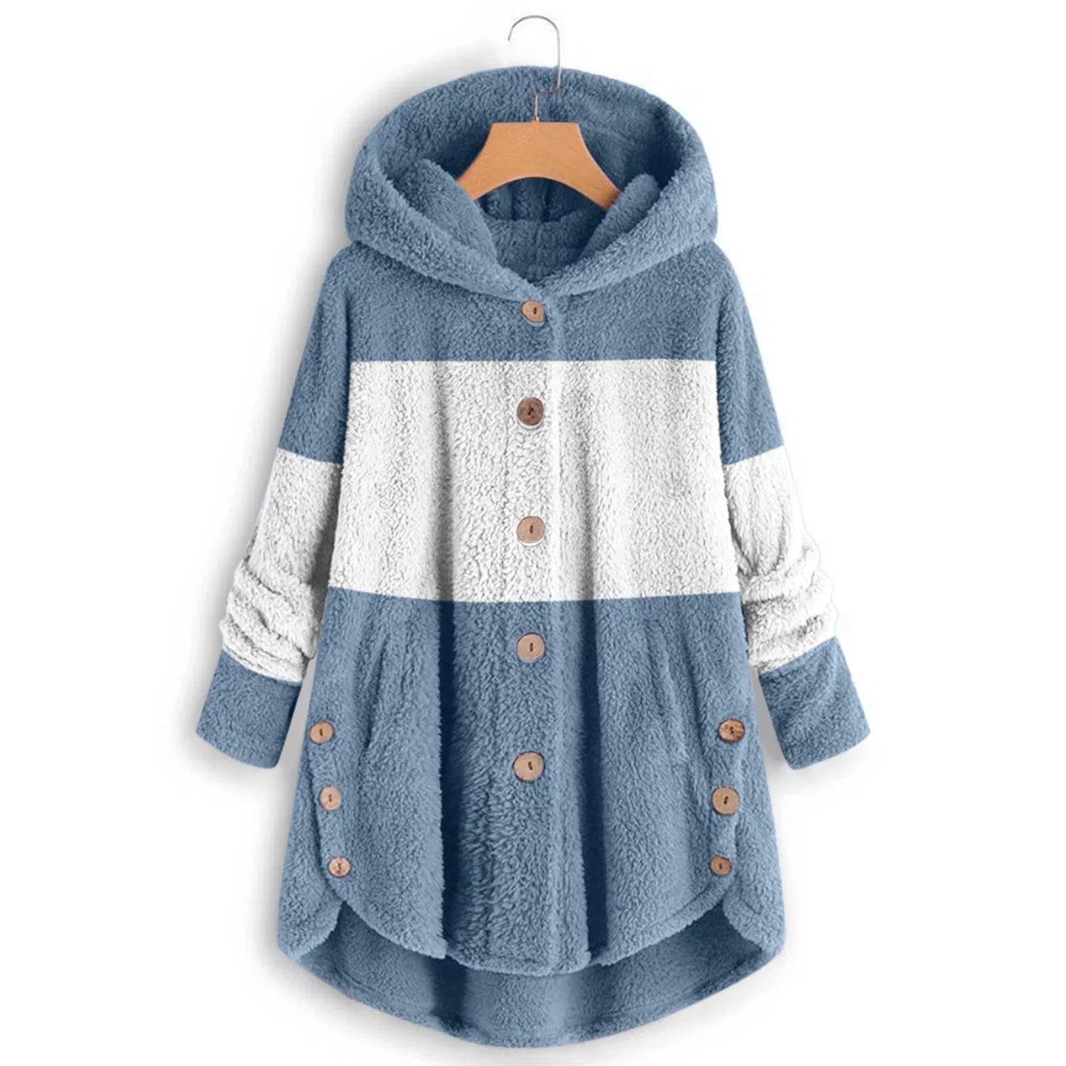 Женское длинное пальто из флиса с капюшоном, оверсайз, с длинным рукавом, Blu — фото 2