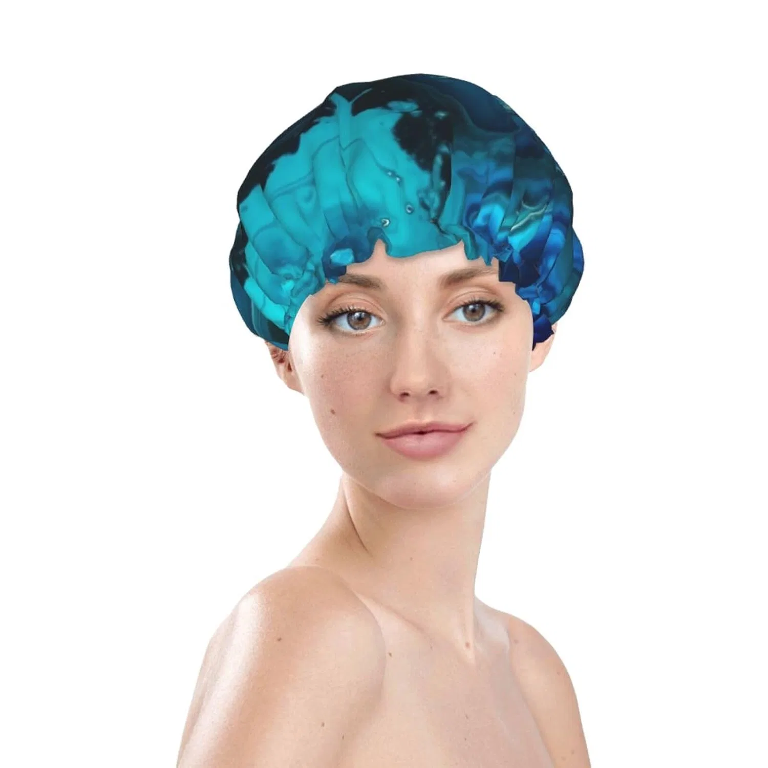 Водонепроницаемая шапочка для душа Bright Aqua Blue Turquoise, WSOIHFEC, двойной слой, PEVA — фото 3