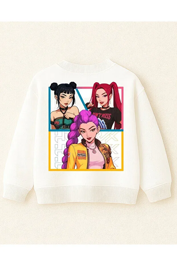 Детские свитшот для девочек с принтом K-Pop demon hunters huntrix zoey rumi mira front back printed without shards oversized Fasardi, Ecru