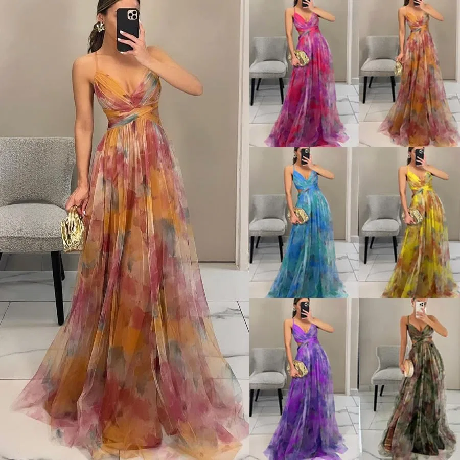 Женское платье с глубоким V-вырезом и цветочным принтом из тюля Tulle, Red — фото 4