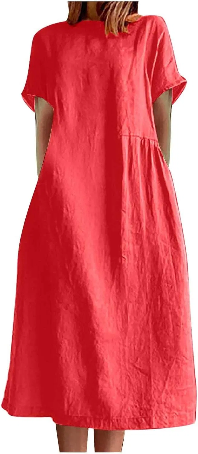 Женское хлопковое свободное платье-миди, Red