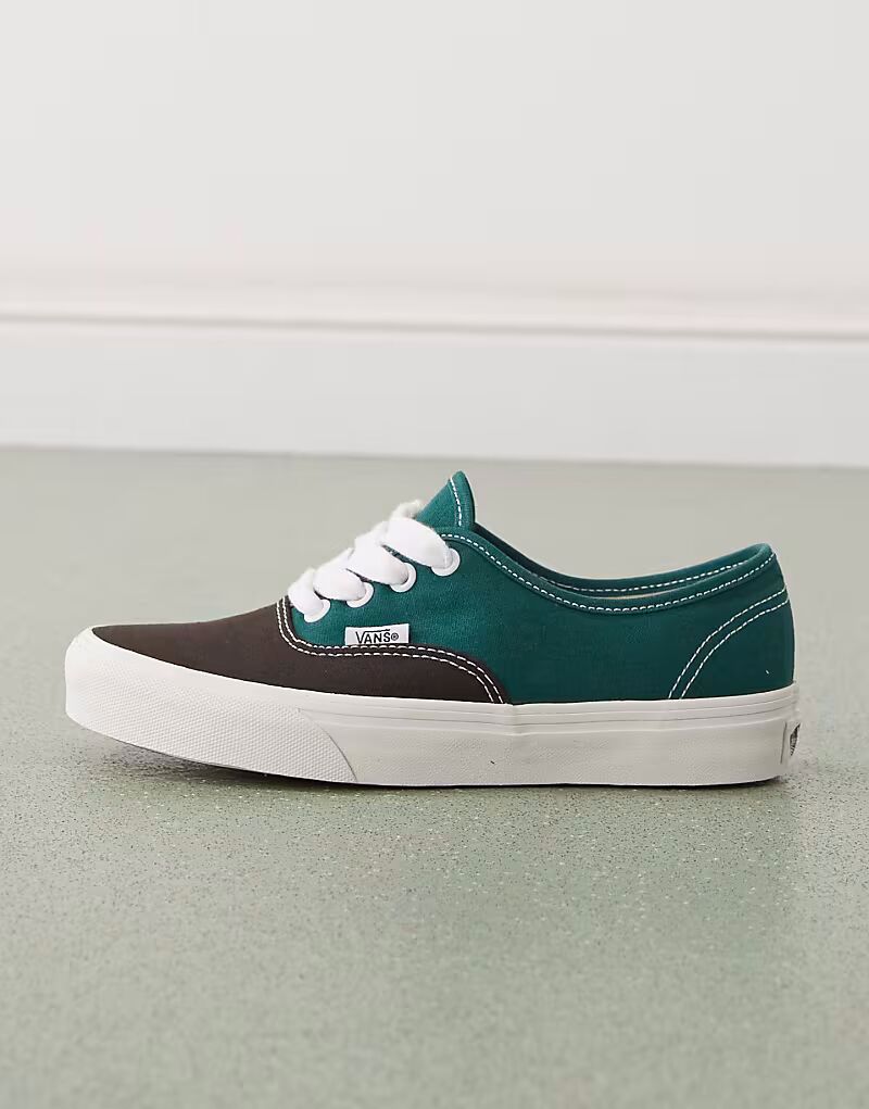Кроссовки Vans Authentic двухцветные с крупными шнурками серого и зеленого цвета — фото 2