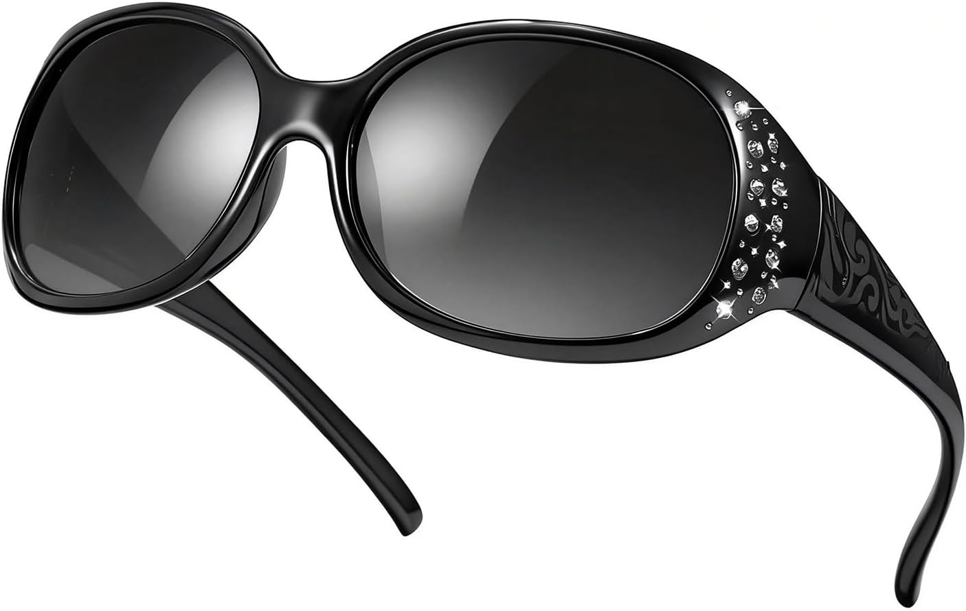 

Женские поляризованные солнцезащитные очки LVIOE, солнцезащитные очки с оправой, украшенные стразами, с линзами, защищающими от УФ-излучения, LS008, A04 Black Wrap Around Frame/Polarized Gray Lens