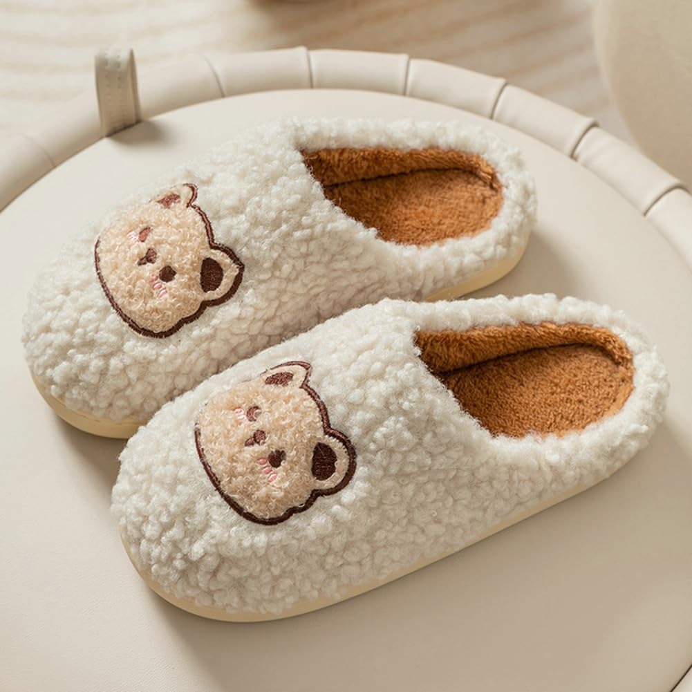 Тапочки Avilego Cute Cozy с мультяшным медвежонком, хлопковые, для дома и улицы, теплые, с нескользящей подошвой, мягкие плюшевые шлепанцы для женщин и мужчин, бежевый — фото 3