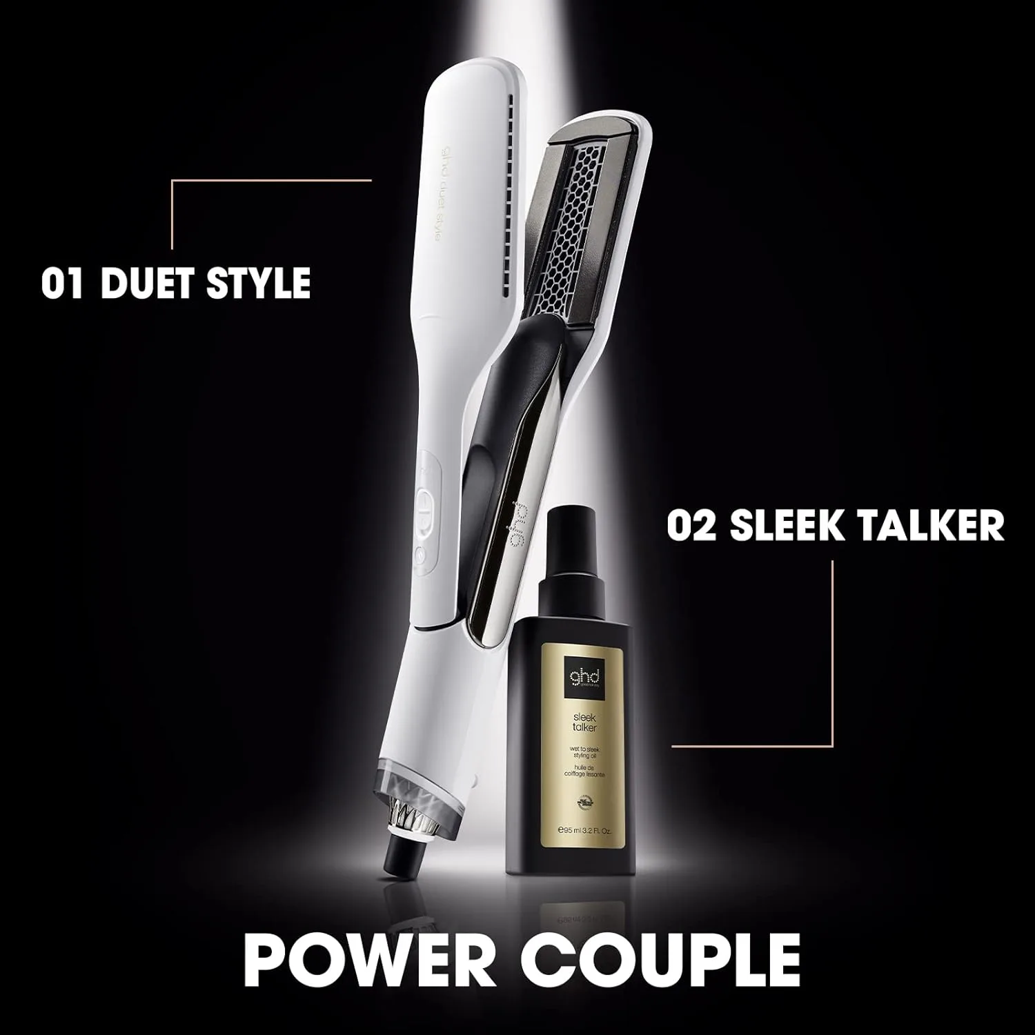 ghd Duet Style Power Couple ― Фен-стайлер Duet 2-в-1 (белый) с маслом для укладки волос Sleek Talker Wet to Sleek (95 мл), White + Wet to Sleek Styling Oil — фото 2
