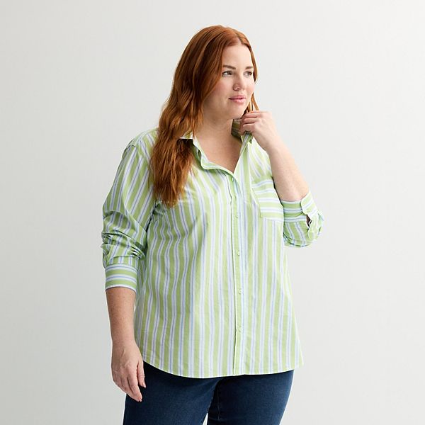 

Повседневная рубашка на пуговицах с длинным рукавом Plus size Sonoma Goods For Life, Green Blue Stripe