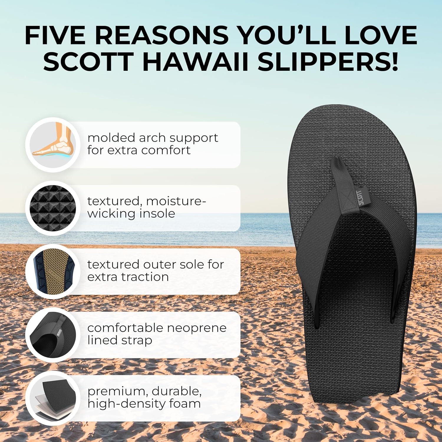 Мужские сандалии Scott Hawaii Manoa | Подошва для любых поверхностей | Литой свод с тыльной поддержкой | Лямка с неопрена для комфорта в течение всего дня | Походные вьетнамки, черный — фото 2
