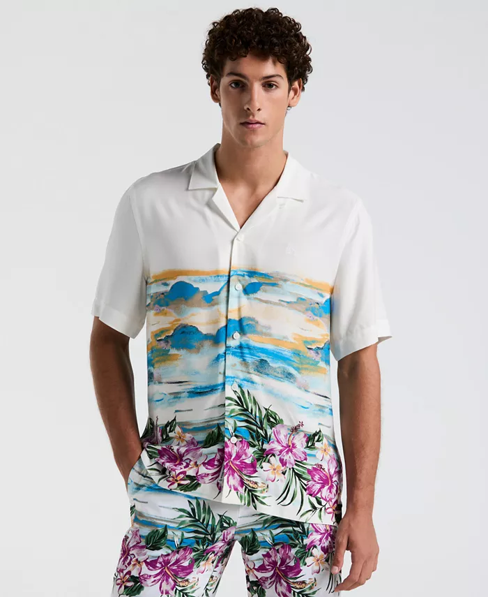 

Мужская тонкая рубашка с коротким рукавом и принтом гибискуса, модель Button-Down Original Penguin, белый