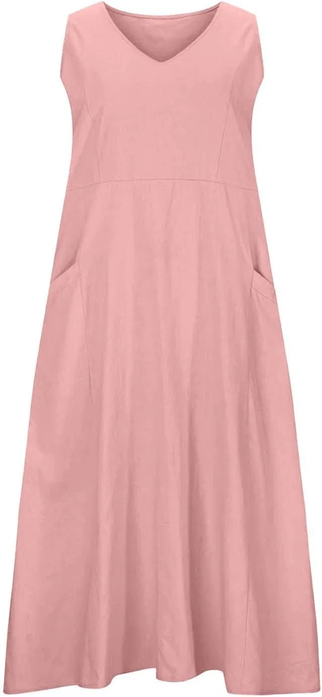 Женское летнее свободное платье макси из хлопка и льна, Pink — фото 3