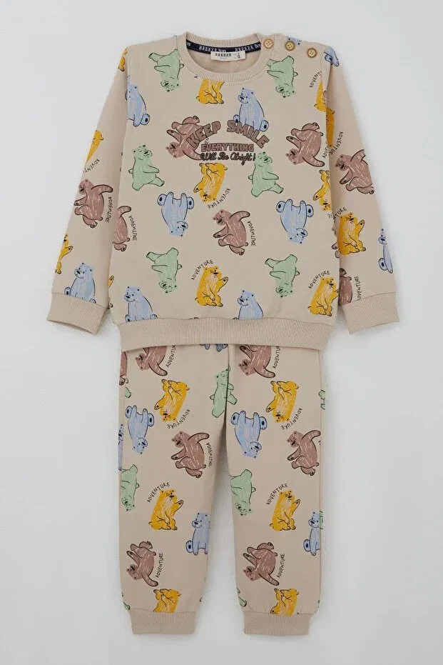 Детский спортивный комплект для мальчиков с принтом Motivational Themed Cute Teddy Bear Patterned Breeze, Beige