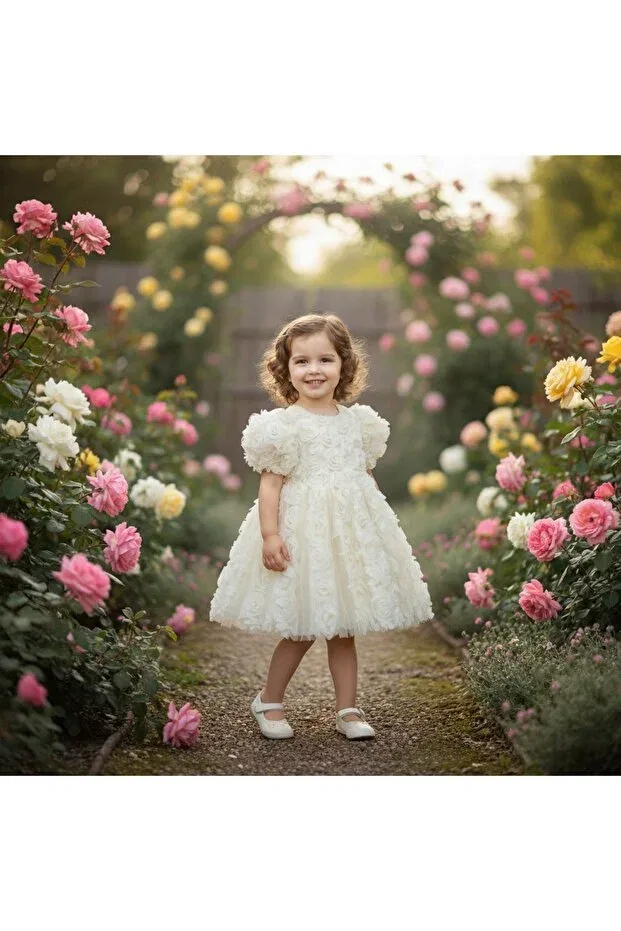 Детское платье для девочек с принтом 3d Rose Lined Dress with Bow Detail Beyaz Bebe, Ecru — фото 2