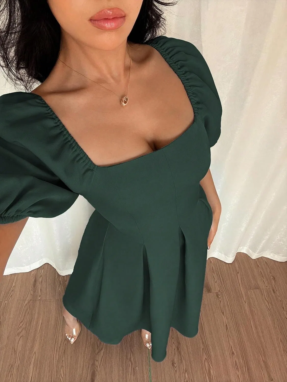 Женское миди-платье с воланами и рукавами-фонариками, Dark Green — фото 3