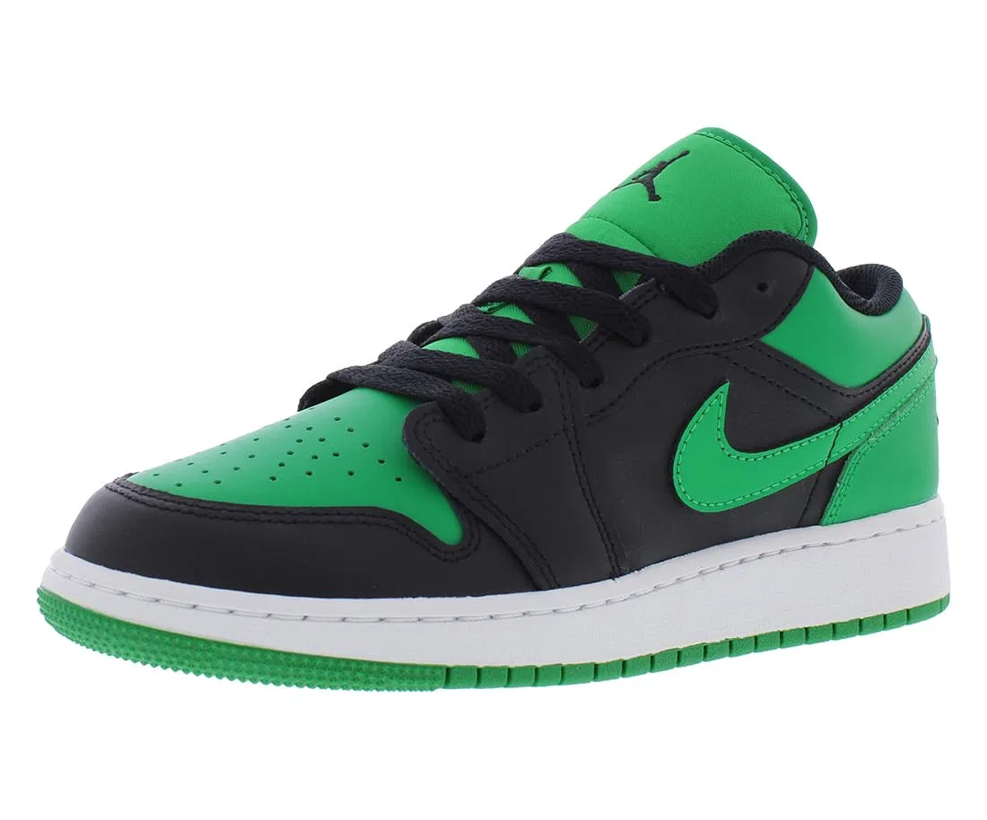 Детские кроссовки для мальчиков кожаные Air Jordan 1 Low (GS) NIKE, Black Black Lucky Green White