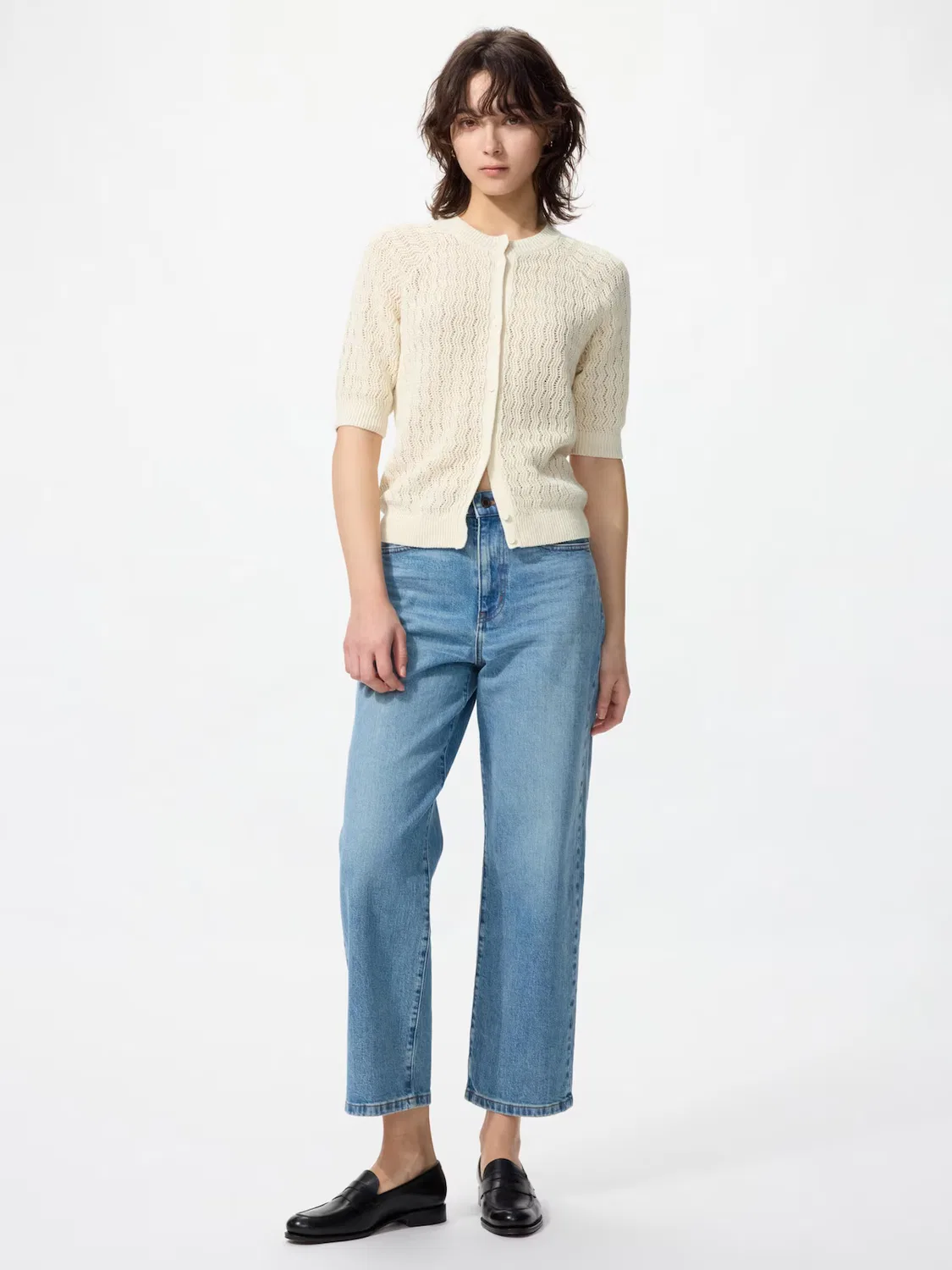 Кардиган Uniqlo, льняной с круглым вырезом и рукавами 5/8, зеленый — фото 2