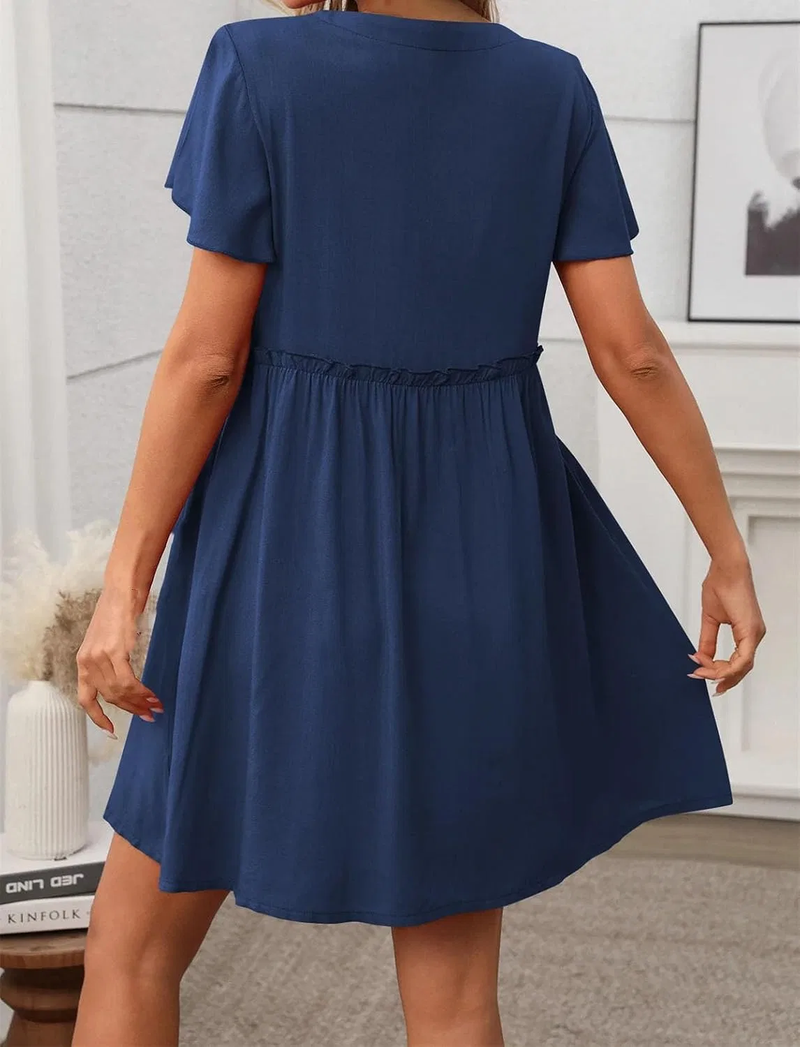 Женское короткое платье с V-образным вырезом A-силуэта, Navy Blue — фото 3