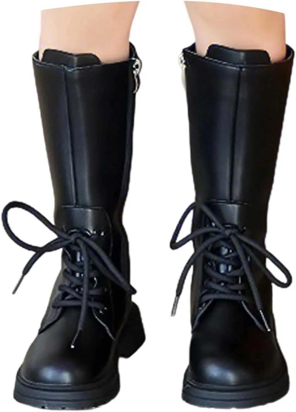Детские ботинки для девочек с принтом, модель Girls Knee Length Boots Mid Calf Riding Boots PU Leather Zipper Punk Goth Boot Fall Winter Bowknot Combat Boot Little Big Kid, Black — фото 3