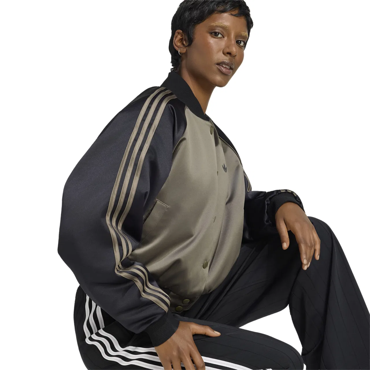 Женская куртка-бомбер из атласа Superstar Satin Bomber Jacket Adidas, Branch/Black/Dark Football Gold — фото 4