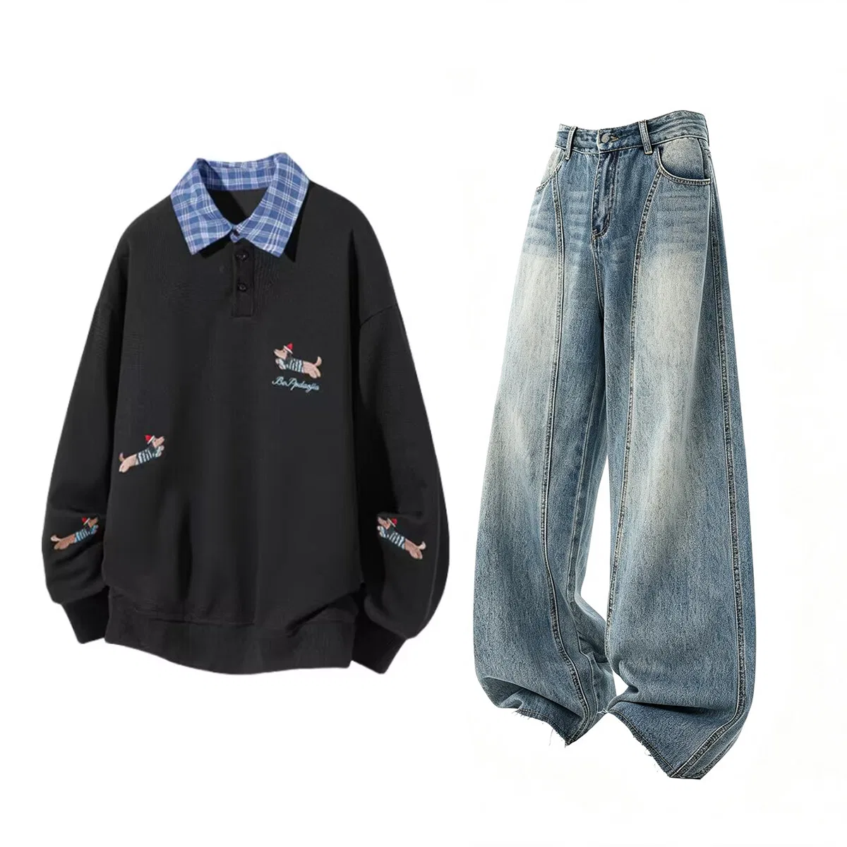 Детский комплект толстовки с отложным воротником Black Top+Blue Pants GWAF, Черный/Синий