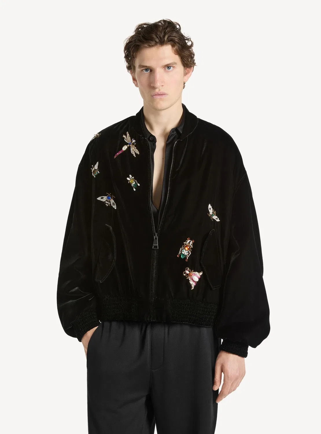 Вышитая бархатная куртка-бомбер Balmain Insect, черный — фото 3