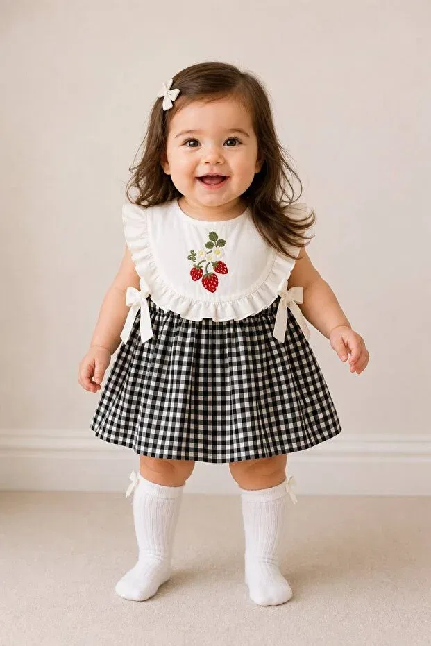 Детское платье для девочек с принтом Strawberry Embroidered Gingham Lumino Kids, White