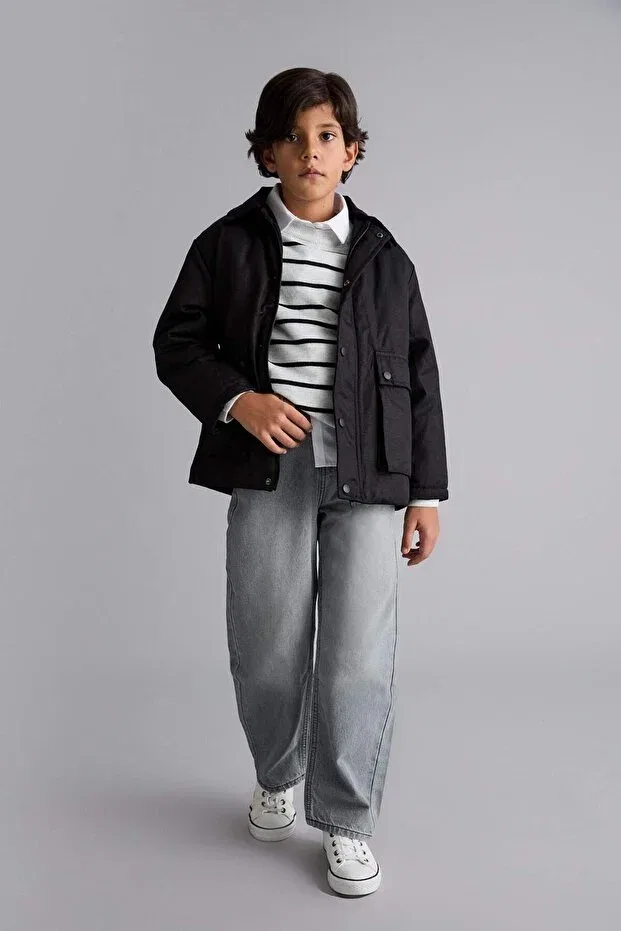 Детское пальто для мальчиков хлопковое Polo collar snap fastener coat Defacto, Black-Bk27 — фото 2
