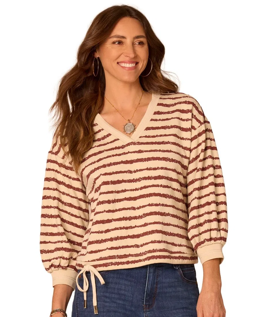 Блузка с рукавом-фонарик и завязкой по низу Women's Jacquard V-Neck Blouson-Sleeve Top Democracy, Birch Burnt Henna