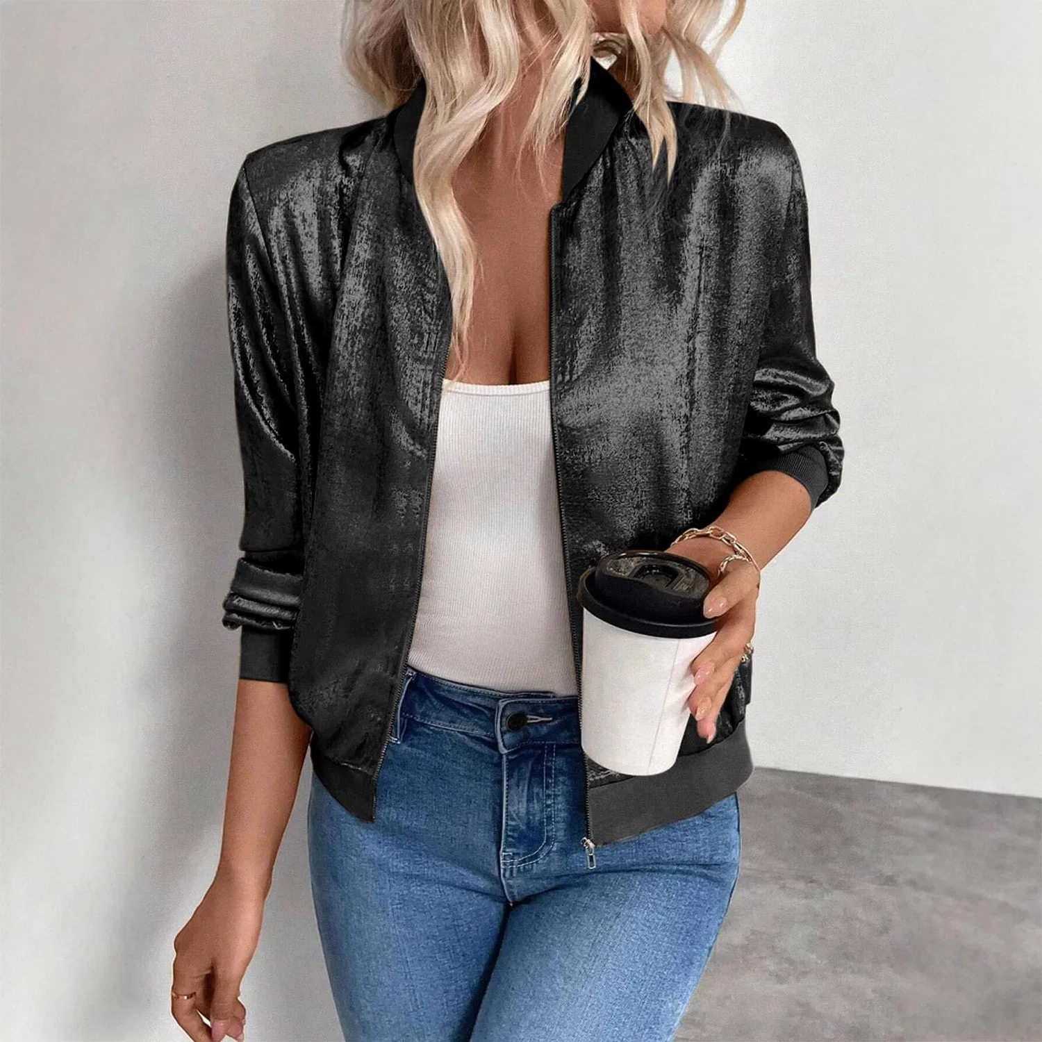 Женская куртка-бомбер с молнией, модель Bomber da donna, бренд, Nero — фото 2