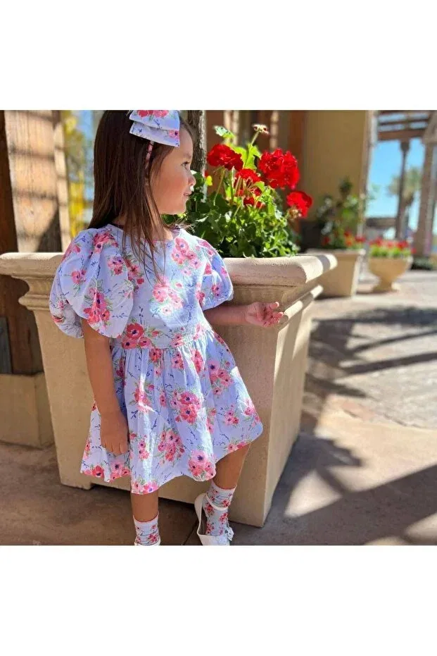 Детское платье для девочек с цветочным принтом La'Ciel paris floral patterned dress with hair clip Anonim, Blue — фото 4