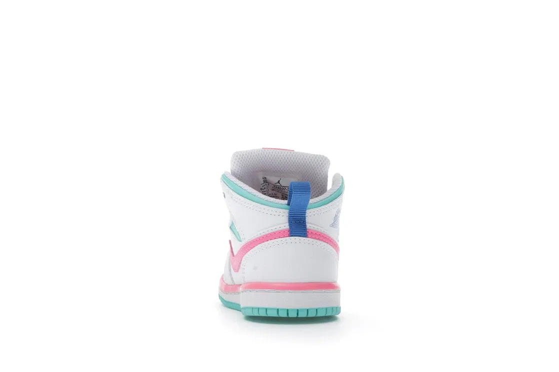 Детские кроссовки с кожаным верхом Jordan 1 Mid Jordan, White/Digital Pink-Aurora Green-Soar — фото 4