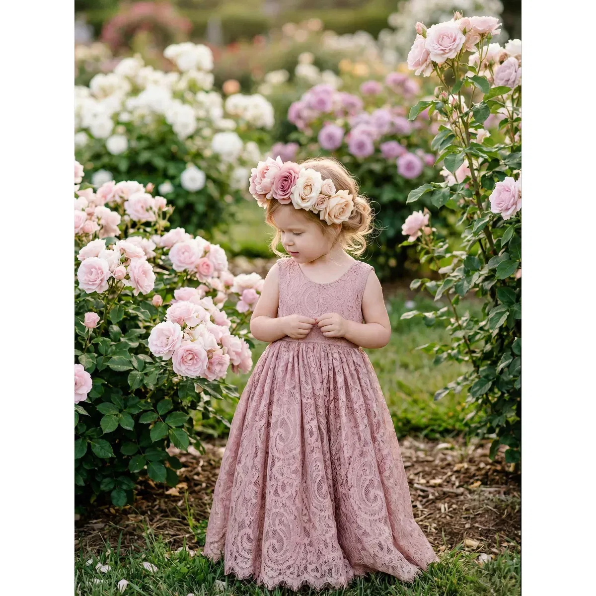 Детское платье для девочек с кружевом Paisley All-Over Lace V Back Sleeveless Maxi Flower Girl 2bunnies, Dusty Pink — фото 3