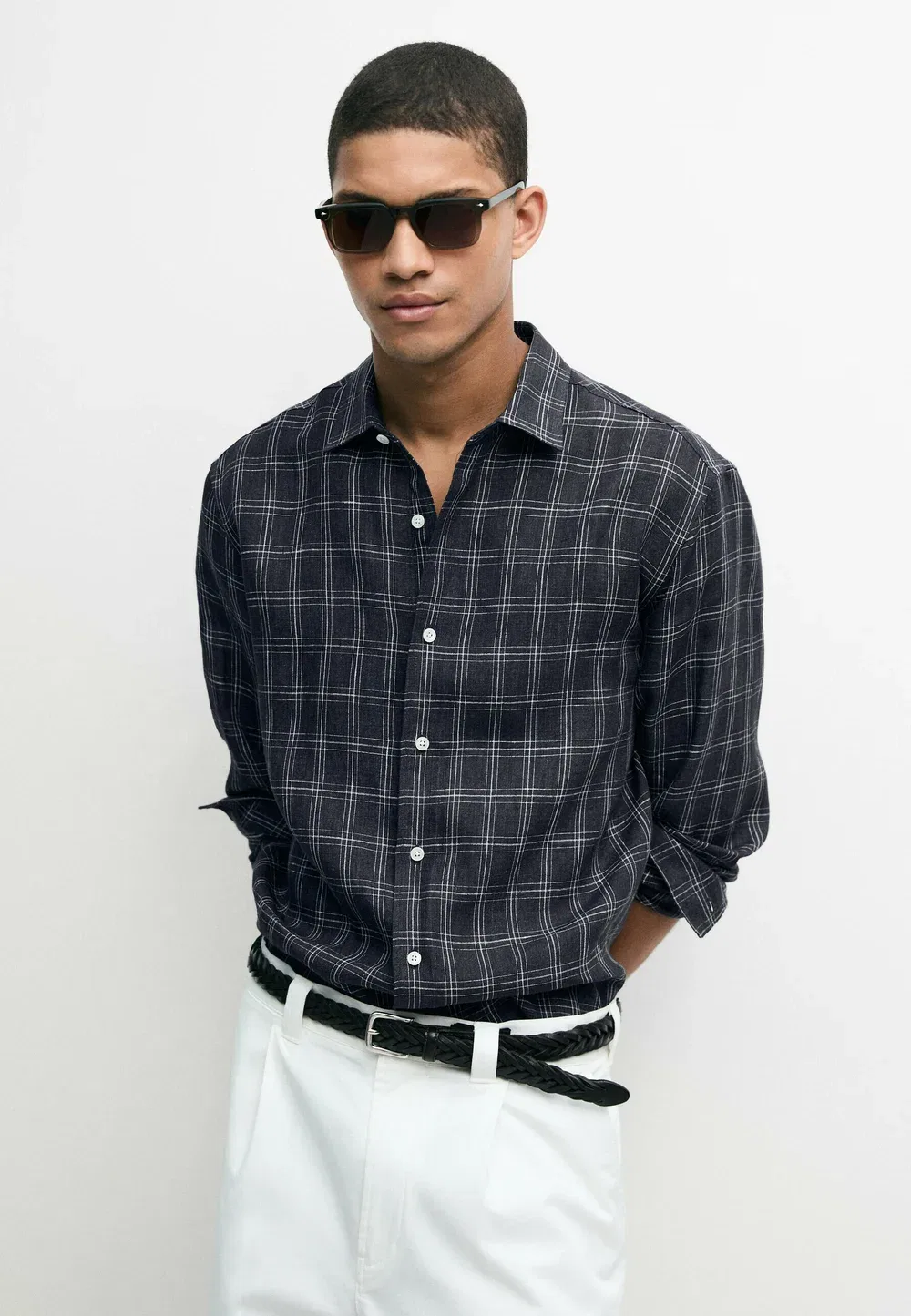 Рубашка в клетку, 100% лен, стандартный крой Massimo Dutti, Dark Blue