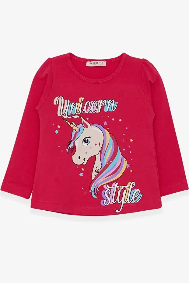 Детская футболка для девочек с длинным рукавом Unicorn Print Breeze, Fuchsia