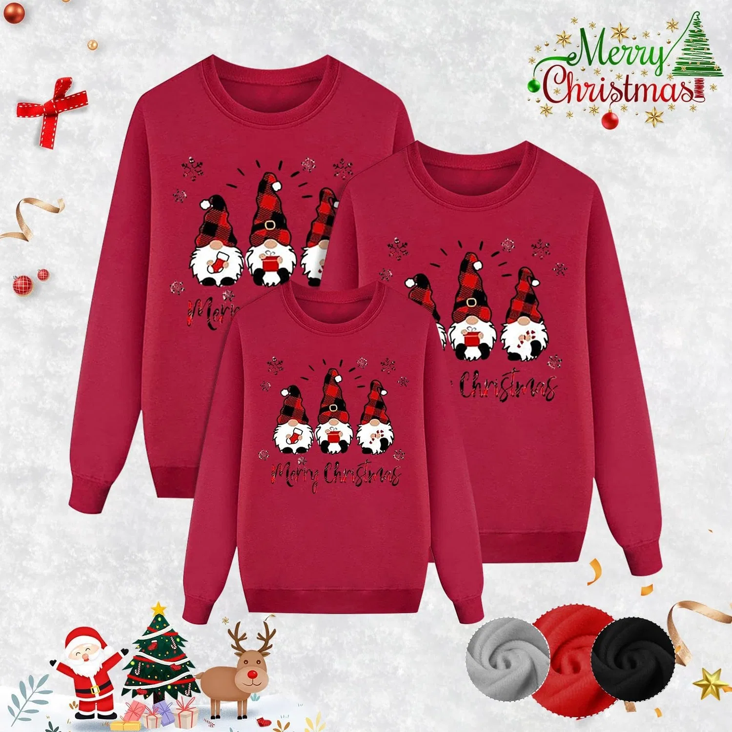 Женский свитшот с принтом Family Christmas Sweatshirts Coordinated 3 Pieces Parents and Child Hooded Sweatshirt with Reindeer Snowman Print Magic AIbero Family Christmas Outfit for Parties and Photos (Children), A01-red — фото 3