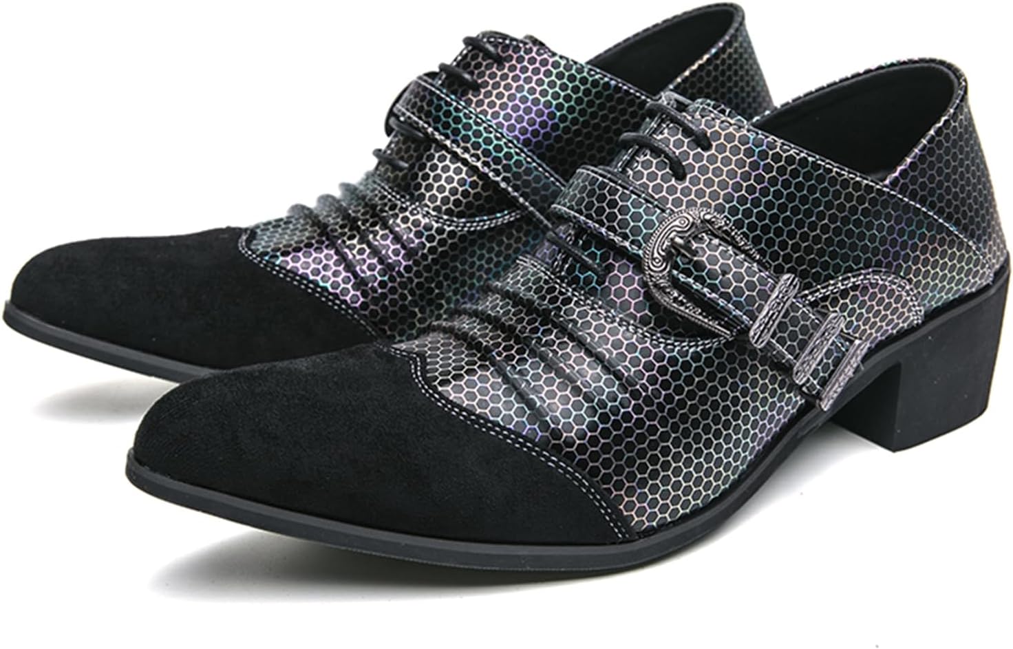 

Мужские голографические классические туфли Dacnakby с замшевым носком, пряжкой, каблуком-блоком и шестиугольным узором. Удобные лоферы для костюма и повседневной носки, черный