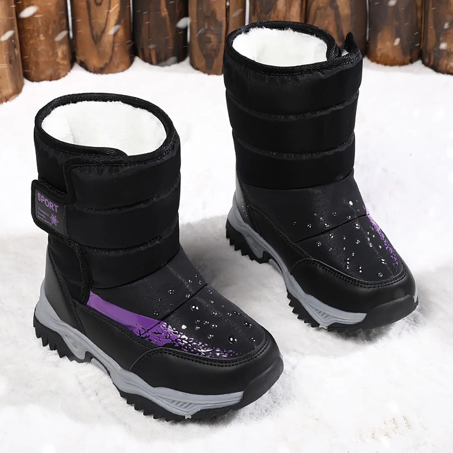 Детские зимние ботинки для девочек и мальчиков с принтом, модель Girls Boys Snow Boots, Black — фото 3