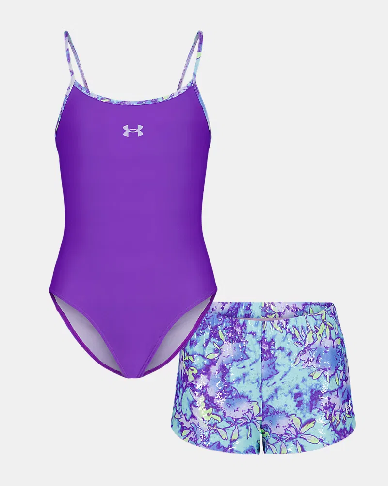 Комплект для девочек из быстросохнущей ткани с цветочным принтом UA Floral Dye UnderArmour, Lavish/White