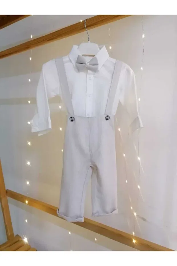 Детский комбинезон для мальчиков с принтом 3-Piece beige classic baby boy salopet set with bow tie special occasion outfit wedding baby gift Bebeksen, Nude Color