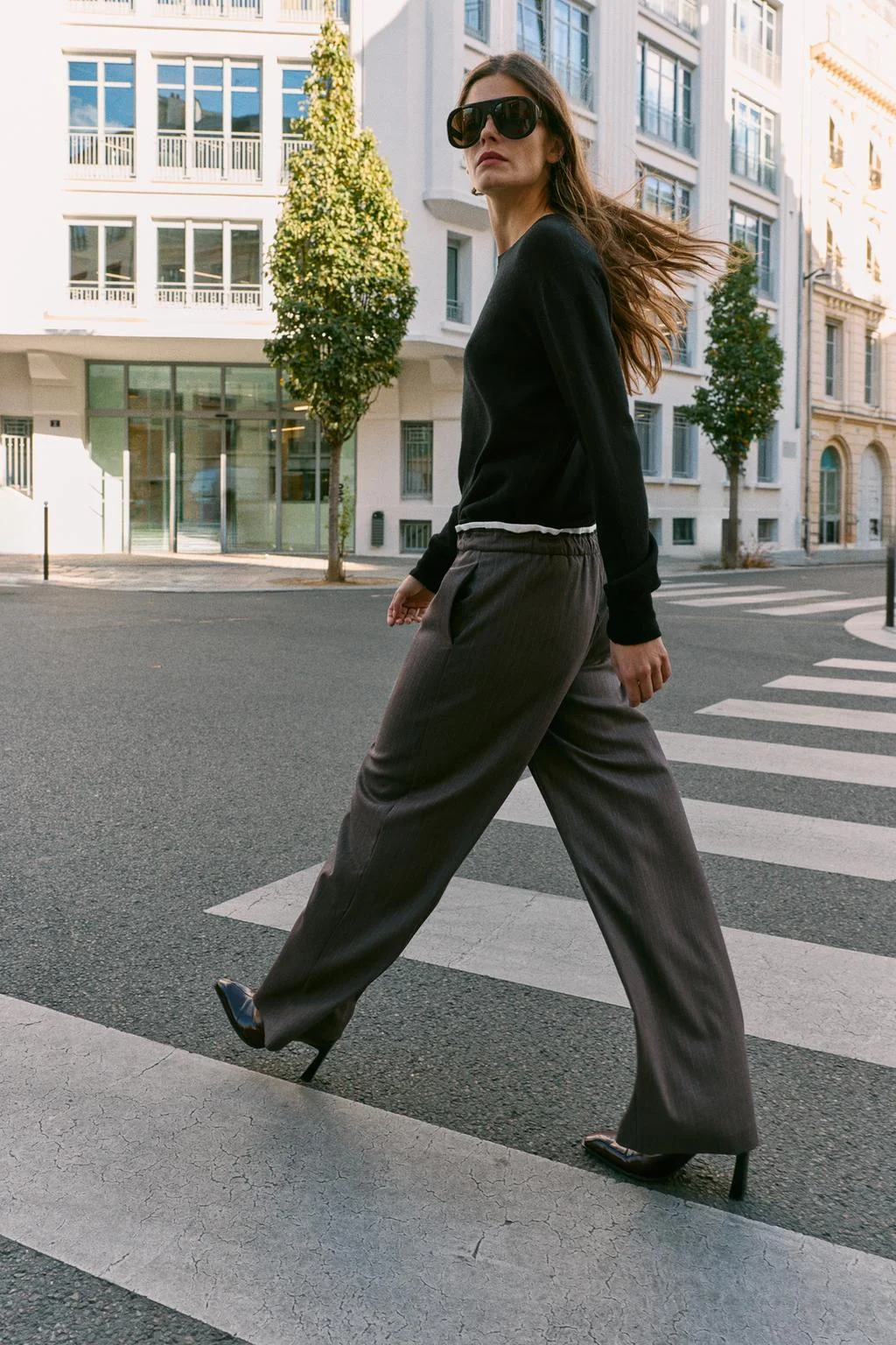 Брюки Zara широкие с двойным поясом, серо-коричневый — фото 3