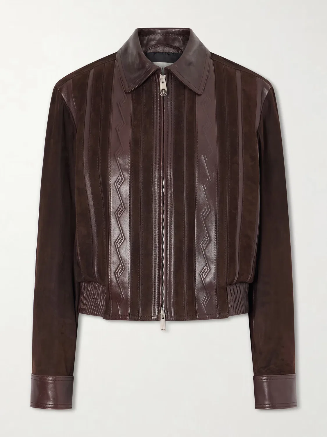Куртка из кожи и замши с тиснением Greca Versace, коричневый