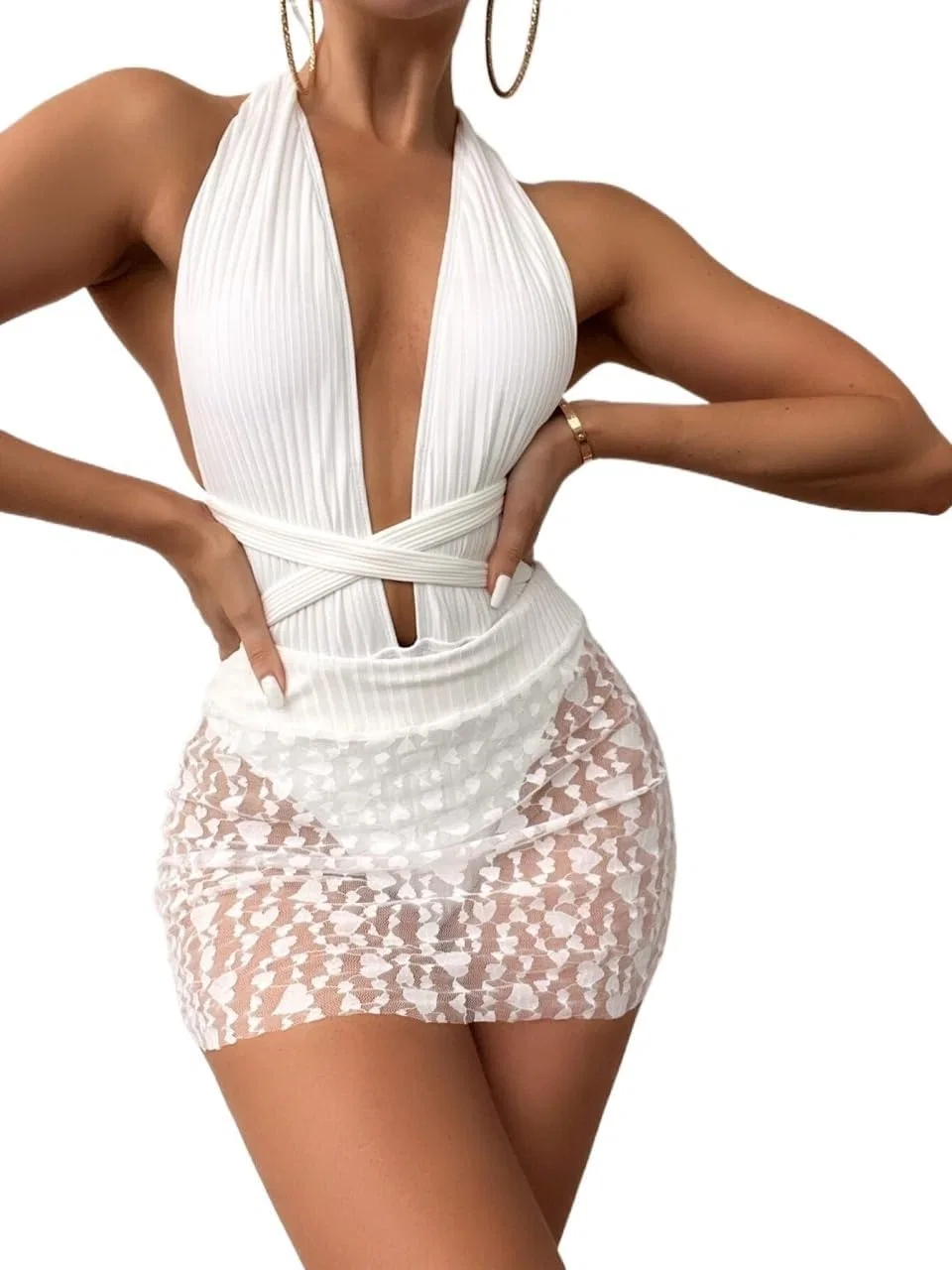 Женское кружевное монокини с открытой спиной Generic, White