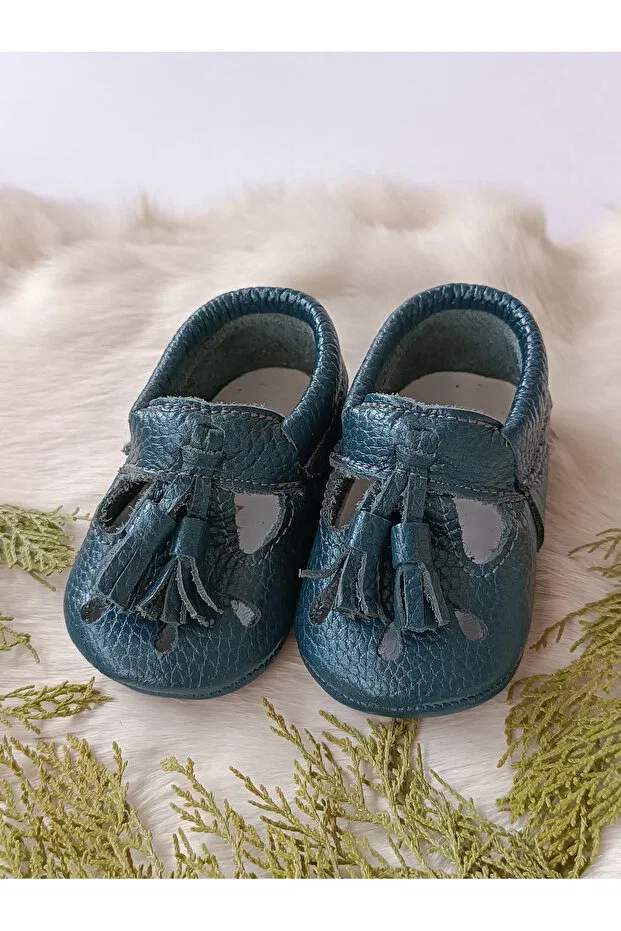 Детские пинетки из натуральной кожи с кисточками Wizy tasseled petrol blue genuine leather baby booties moccasins Hodore, Petrol Blue With Tassels — фото 3