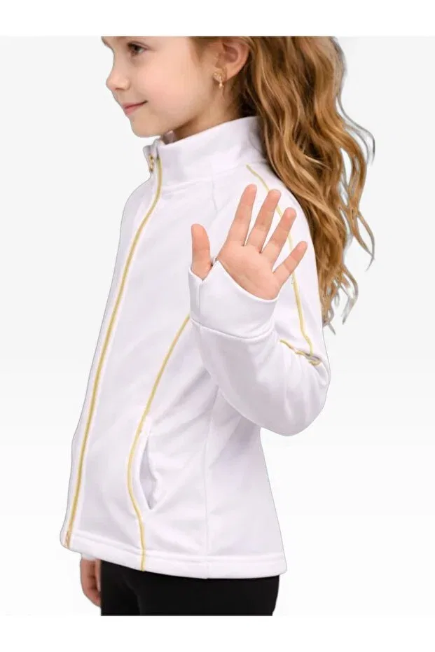 Детское для девочек спортивное худи с принтом Finger-Interlocking Gold Piping White Tracksuit Top She Can Wear, Gymnast Altın — фото 3