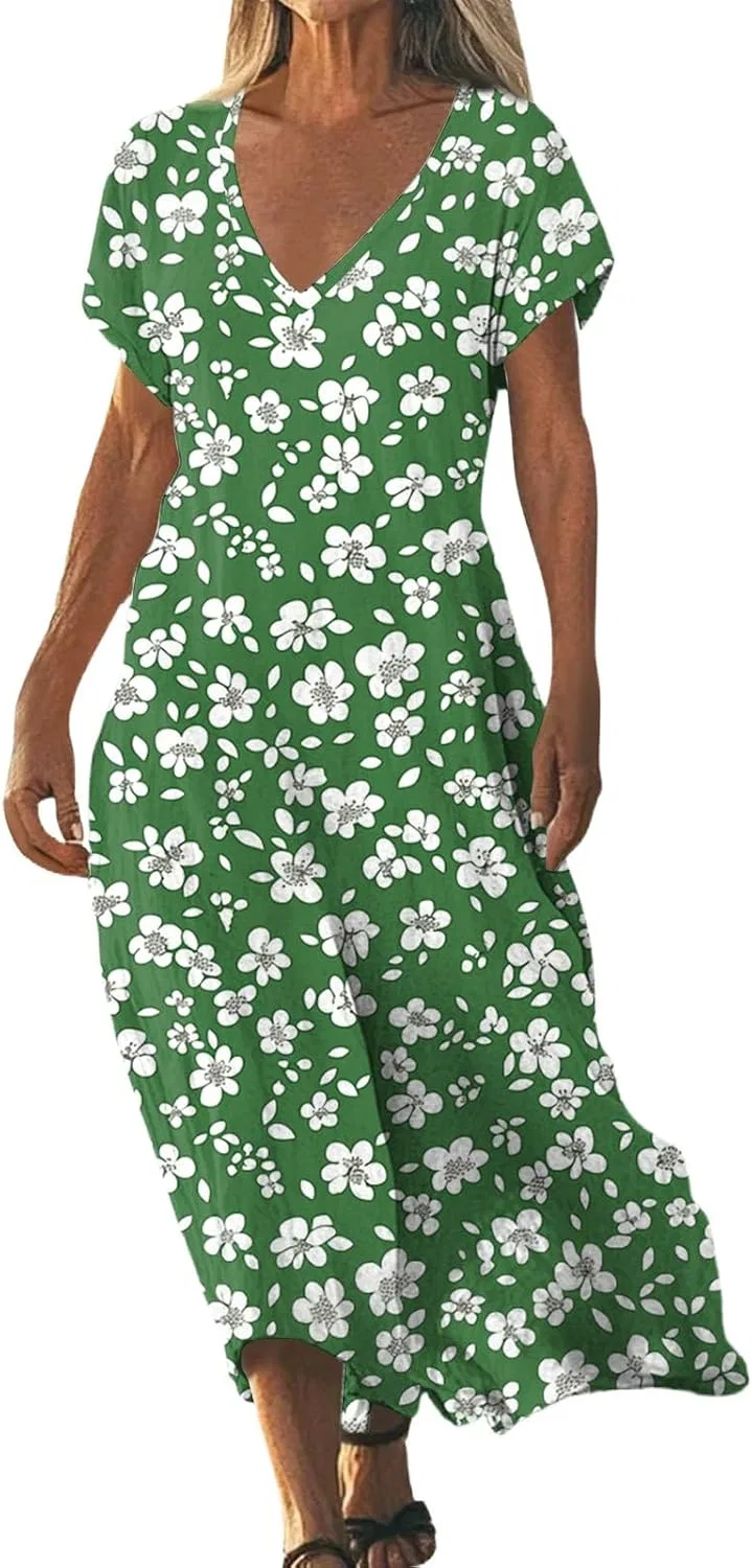 Женское макси-платье с V-образным вырезом Cotton Linen, Green