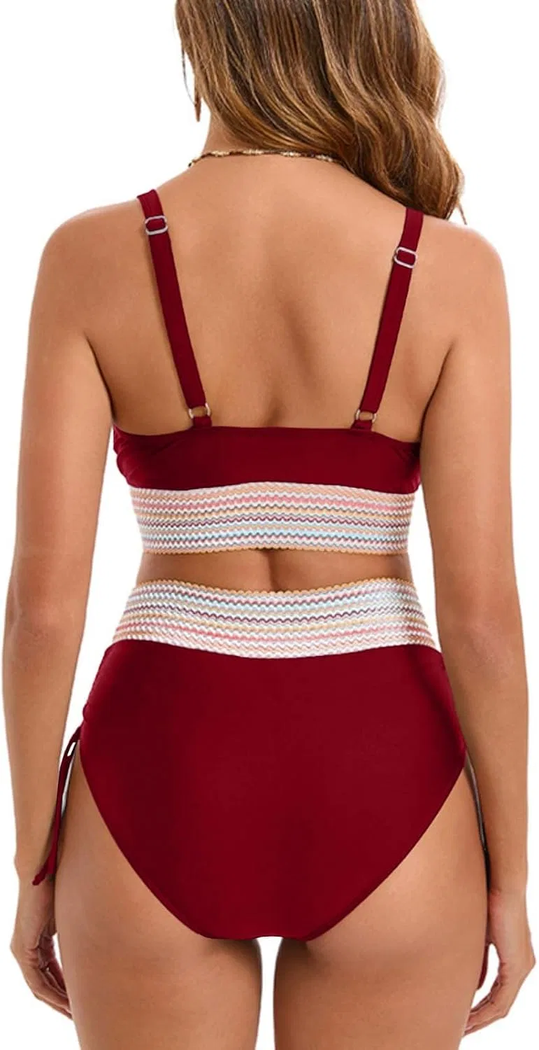 Женский купальник-бикини с высокой талией и утяжкой Two Piece Drawstring Swimwear, Wine — фото 2
